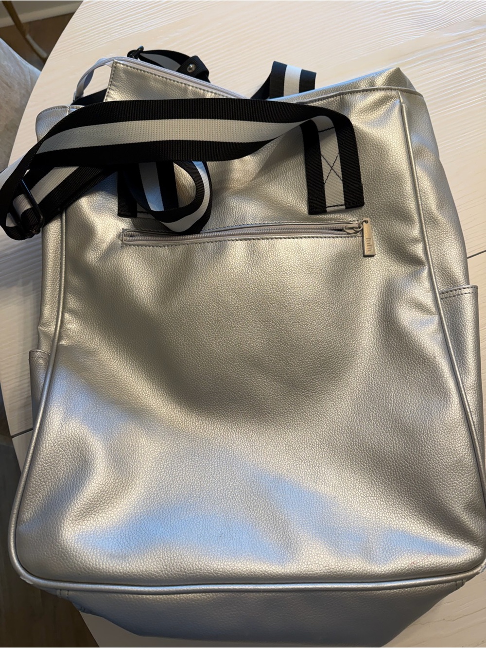 Maggie Mather Metalic Silver Tennis Bag Women's with Striped Webbing Straps - Picture 2 of 3
